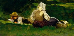 Sittende kvinne og gutt liggende på gresset, av Vittorio Avondo (1836-1910).