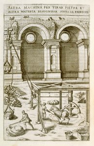 Hestedrevet maskin for løfting av byggematerialer, fra 'New Theatre of Machines and Buildings', pub. 1607