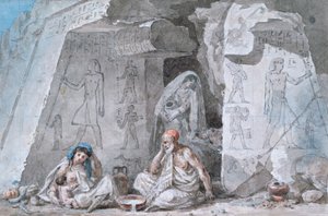 Egyptisk familie utenfor en gammel grav, 1800-tallet
