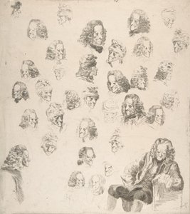 Skisser av Voltaire i en alder av åttien, 1775.