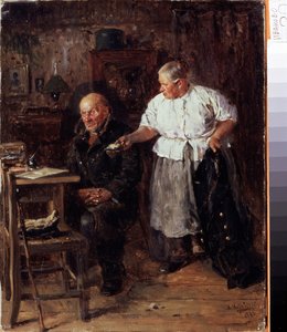 Irettesettelsen (Skunningen). Et eldre ektepar i deres indre, kona bebreider mannen sin og viser ham lommeboken hennes. Maleri av Vladimir Yegorovich Makovsky (Makovsky, Makovskij) (1846-1920), olje på lerret av Vladimir Egorovic Makovsky