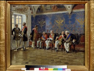 Venter på et publikum. Venterom med karakterer i offisiell drakt med alle æresdekorasjoner og attributter til deres adel og funksjoner venter og diskuterer før de blir mottatt av tsaren. pei av Vladimir Egorovic Makovsky