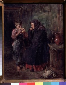 Gjenforeningen (The Reunion). En mor som har kommet for å besøke barnet sitt, stokk og ryggsekk liggende på bakken, hun har fortsatt frakken og skjerfet på hodet og sluker sønnen med øynene mens han spiser en slags brioche. Han er barbeint, av Vladimir Egorovic Makovsky
