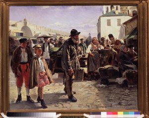 Tønneorgelet (Orgelkvernen). Den omreisende musikeren holder instrumentet sitt på ryggen, han blir akkompagnert av to meget elegante barn, de ankommer markedsplassen til en by hvor kjøpmennene stirrer på dem. Maleri av Vladimir Yegorovi av Vladimir Egorovic Makovsky