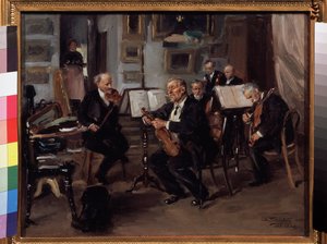 Musikalsk kveld. Musikere forbereder seg på å gi konsert, de stemmer instrumentene sine mellom instrumentkassene og partiturene. Maleri av Vladimir Yegorovich Makovsky Makovsky (Makovsky, Makovskij) (1846-1920), olje s av Vladimir Egorovic Makovsky