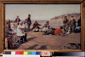 På dekk (On the Deck). Reisende i alle klasser på en båt som går langs kysten. Maleri av Vladimir Yegorovich Makovsky (Makovsky, Makovskij) (1846-1920), olje på lerret av Vladimir Egorovic Makovsky