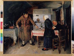 En krangel i kortspill. Rundt bordet på et beskjedent kjøkken spiller eldre mennesker kort, en av dem reiser seg misfornøyd og fordømmer spillet og slipper kortene på gulvet. Motsatt, en gammel s av Vladimir Egorovic Makovsky