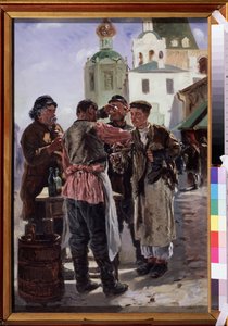 Selger av Kvass (Kwass) (Kvas selger). Fermentert og sprudlende drikk, lett alkoholholdig og populær, med kallenavnet brødøl, russisk nasjonaldrikk. Maleri av Vladimir Yegorovich Makovsky (Makovsky, Makovskij) (1846-1920), olje på lerret