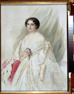 ""Portrett av en dame med en pelskappe"" Hun er kledd i en hvit kjole med bånd, øredobber og armbånd. Akvarell av Vladimir Hau (Gau) (1816-1895) 1860 Privat samling