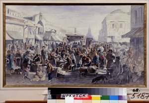 Loppemarkedet i Moskva (Russland) (The Second Hand Market In Moscow). Gatebilde, med karakterer i flekkete og lappede klær, noen spiser ved bordene foran en brakke, andre ser på varene som tilbys, atter andre gjemmer seg av Vladimir Yegorovich Makovski