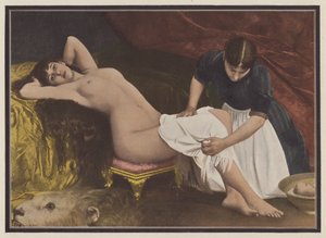 Kvinne som reiser seg fra sengen (farge litho)