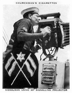 Signalmann som bruker 20 Signaling Projector, 1937.