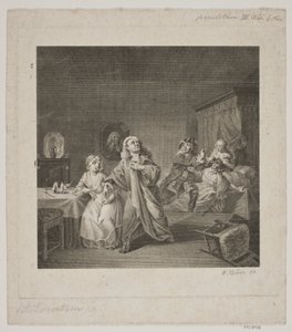 Fødeavdeling III. akt 6 scene. Gravering etter Lorenzens Holberggalleri. av WIlhelm Heuer
