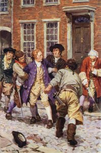 "I dette øyeblikket stormet en rekke karer inn og grep Jones" (farge litho) av W.R.S. (after) Stott