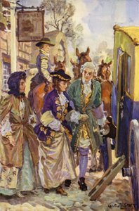 "Hans herredømme førte damene inn i kjøretøyet" (farge litho) av W.R.S. (after) Stott