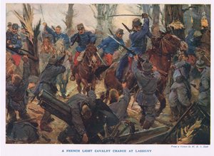 Det franske lette kavaleriet angriper Lassigny (farge litho)