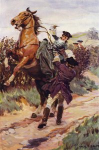 "Det uregjerlige beistet kastet sin vakre byrde fra ryggen hans, og Jones fanget henne i armene" (farge litho)
