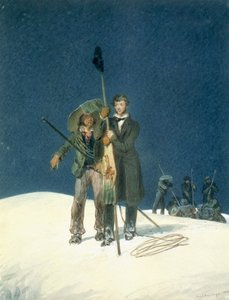 Charles Fellows with William Hawes, Plants a Baton on the Summit, inkludert som et innlegg i A Narrative of an Ascent to the Summit of Mont Blanc av Charles Fellows (1799-1860), utgitt 1827 (wc on pa) av W.S. Hastings