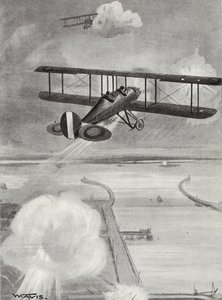 Skvadron-leder Richard Davies og flyløytnant Richard Peirse slipper bomber på ubåtstasjonen i Zeebrugge under kraftig ild, 23. januar 1915