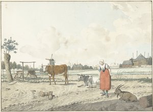 Landskap med bondekone og storfe av W. Barthautz