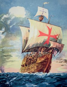 Santa Maria tok Christopher Columbus til Amerika i 1492 (farge litho)