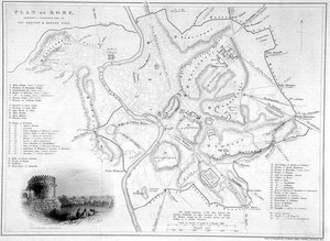 Roma, Italia: Sammenlignende kart over eldgamle og moderne steder, ca. 1850 (gravering) av W Hughes