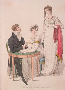 To kvinner og en mann iført hel aftenkjole, c1810