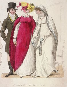 To kvinner iført gåkjoler akkompagnert av en mann, c1810