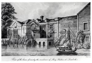 Utsikt over huset som tidligere var residensen til Guy Fawkes i Lambeth, ca. 1850 (akvatint) av W. Read