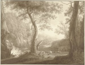 Fjelllandskap med geitegjeter og reisende av W. Regnu (possibly)