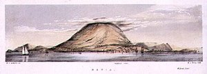 Utsikt over Charlestown på øya Nevis, Vest-India, gravert av Henry C. Trery (fl.1849-54), ca. 1849 (farget lito) av W. S. (after) Andrews