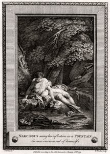 Narcissus som ser sin refleksjon i en fontene blir forelsket i seg selv, 1775