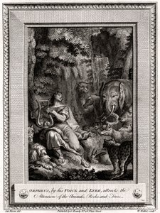Orpheus, ved sin stemme og lyre, tiltrekker seg oppmerksomheten til Animals, Rocks and Trees, 1774.
