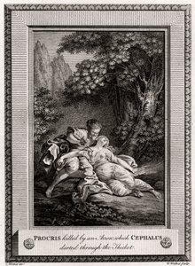 Procris drept av en pil som Cephalus sprang gjennom kratt, 1775 av W. Walker