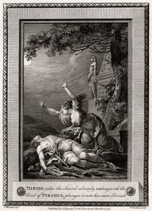 Thisbe tar sverdet som allerede lukter av Pyramus blod, kaster det inn i..., 1775. av W. Walker