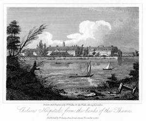 Chelsea Hospital, fra Banks of the Thames, London, 1816. av W. Wallis