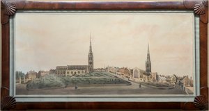 En panoramautsikt over byen Coventry (wc med penn og blekk på papir)