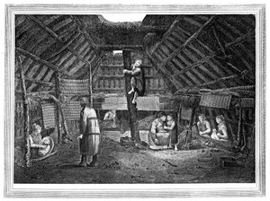 Innsiden av et hus i Oonalashka, c1776-1779.
