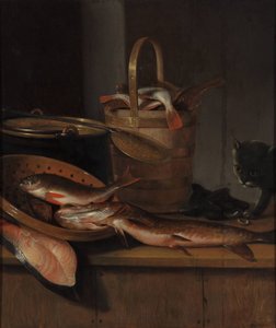 Stilleben med fisk og en katt, ca. 1650-1660