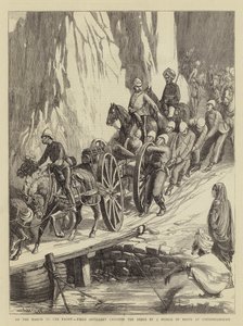 På mars til fronten krysser feltartilleri Indus ved en bro av båter ved Khooshiahgurh