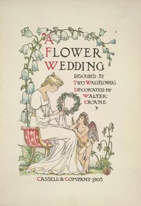 En sittende kvinne som holder en krans; en engel ser opp på henne av Walter Crane