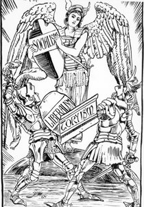 Allegori om Walter Crane: Sosialismen triumferer hardt kampen mellom liberalisme og torysme (det engelske konservative partiet). Gravering fra slutten av 1800-tallet. av Walter Crane