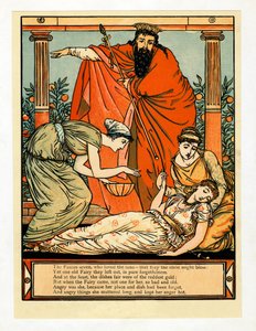 Og ned faller hun i dødslignende søvn, fra The Blue Beard Picture Book, pub. 1879. av Walter Crane