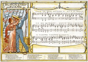 'Black-Eyed Susan', sangillustrasjon fra 'Pan-Pipes', A Book of Old Songs, Nyarrangert og med akkompagnement av Theo. Marzials, utgitt i London av George Routledge und Sons, 1884 (farge lith av Walter Crane