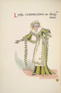 Krypende Jenny. En eldre dame som bruker en spaserstokk av Walter Crane