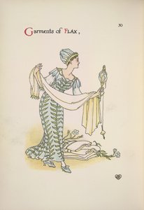 Plagg av lin. En kvinne som holder et sjal av Walter Crane