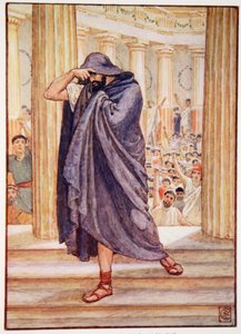 Han forlot forsamlingen og gjemte ansiktet i kappen sin, illustrasjon fra The Story of Greece av Mary Macgregor, 1. utgave, 1913 (fargetrykk) av Walter Crane