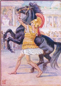 Han løp mot hesten og grep hodelaget, illustrasjon fra The Story of Greece, 1930-tallet av Walter Crane