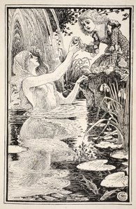 "Jeg er her kjæreste lille - jeg er din egen gudmor", sa Nix-damen, illustrasjon fra "Mrs Burton Harrisons Folk and Fairy Tales", 1885 av Walter Crane