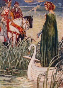 Kong Arthur ber Lady of the Lake om sverdet Excalibur, 1911. av Walter Crane
